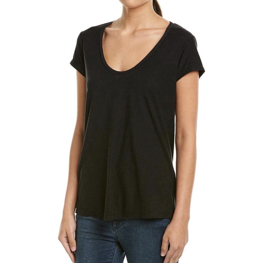 James Perse 2 (Medium) Scoop Neck Cap Sleeve Black Tee Shirt V Neck Standard